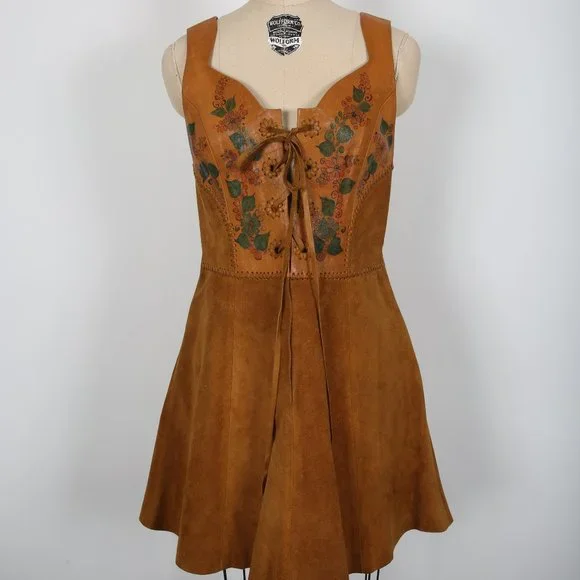 Vintage CHAR Leather Dress 70s Hippie Boho Handmade Hand Painted Florals - Picture 1 of 7